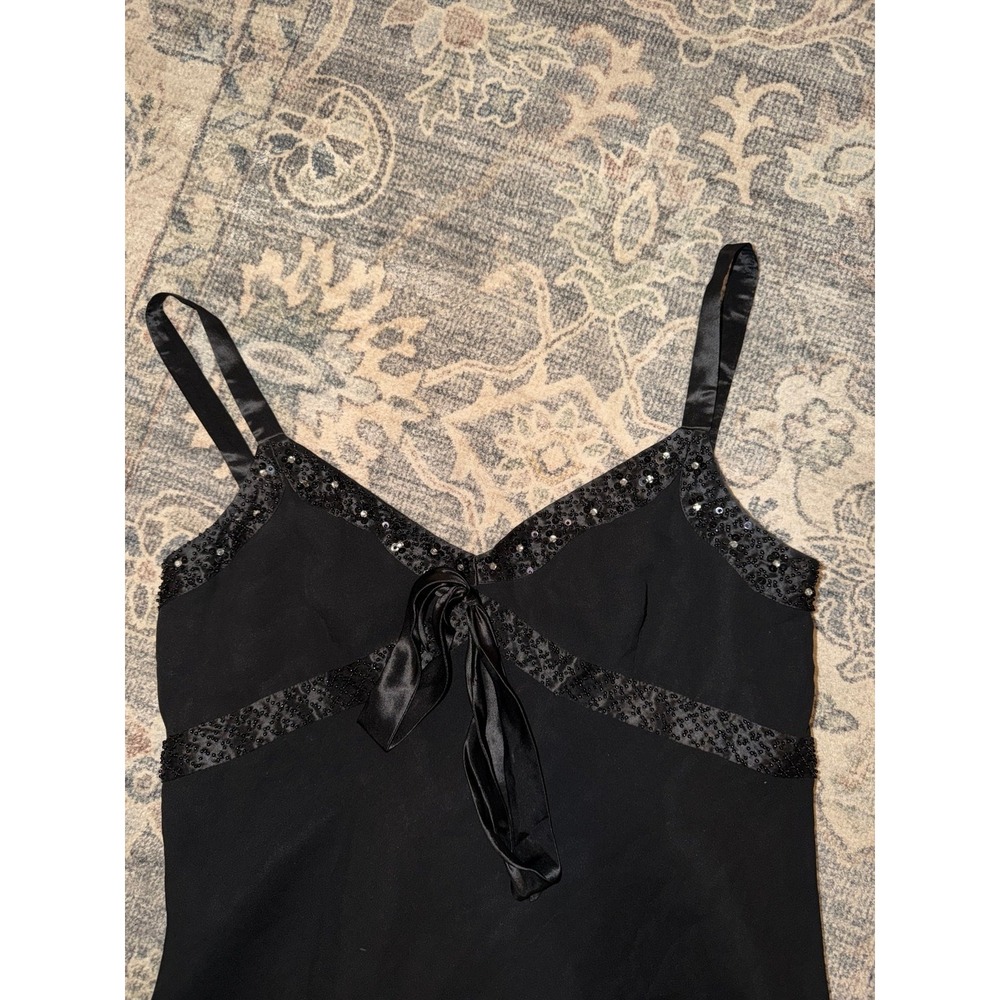 Vintage Cache Silk Black Beaded Cami Tank with Ribbon Tie Babydoll Style - Picture 2 of 4